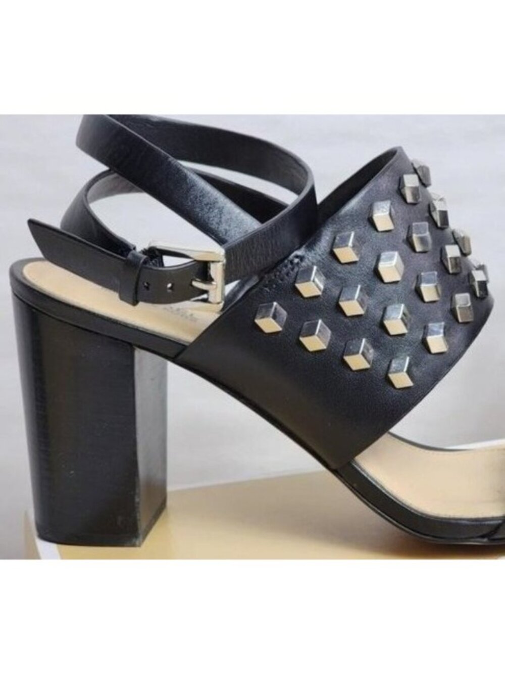 MICHAEL KORS Valencia Black Studded Leather Ankle Strap Chunky Heel Sandals 9.5 - Picture 5 of 7